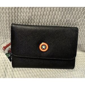 Buckle Down Fold Over Black Wallet Captain America Shield Metal Emblem NWT